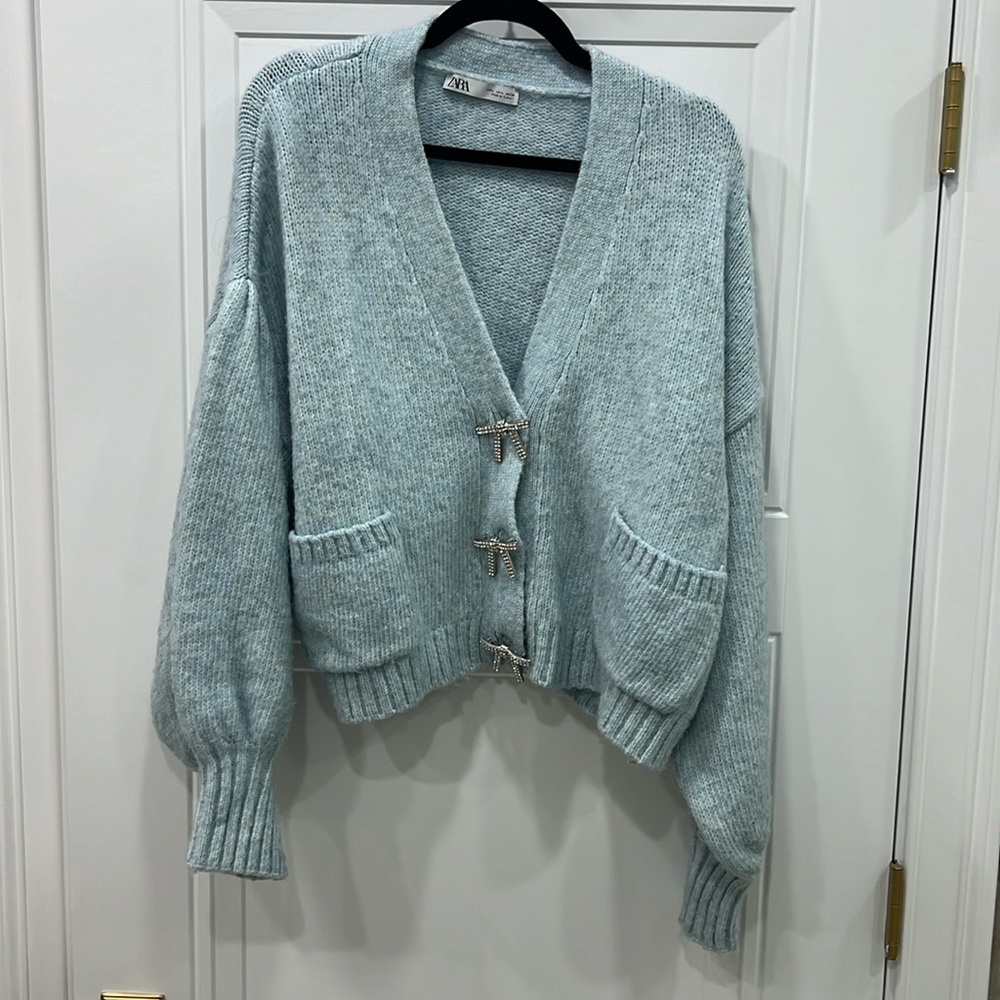 Zara diamond embellished bow buttoned cardigan